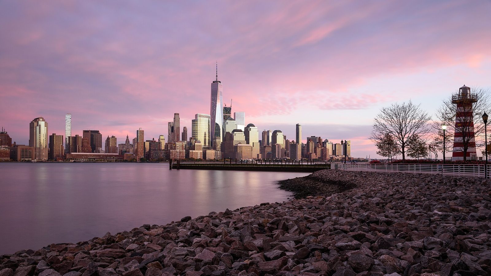 The Jersey City waterfront looking across the Hudson at dusk
