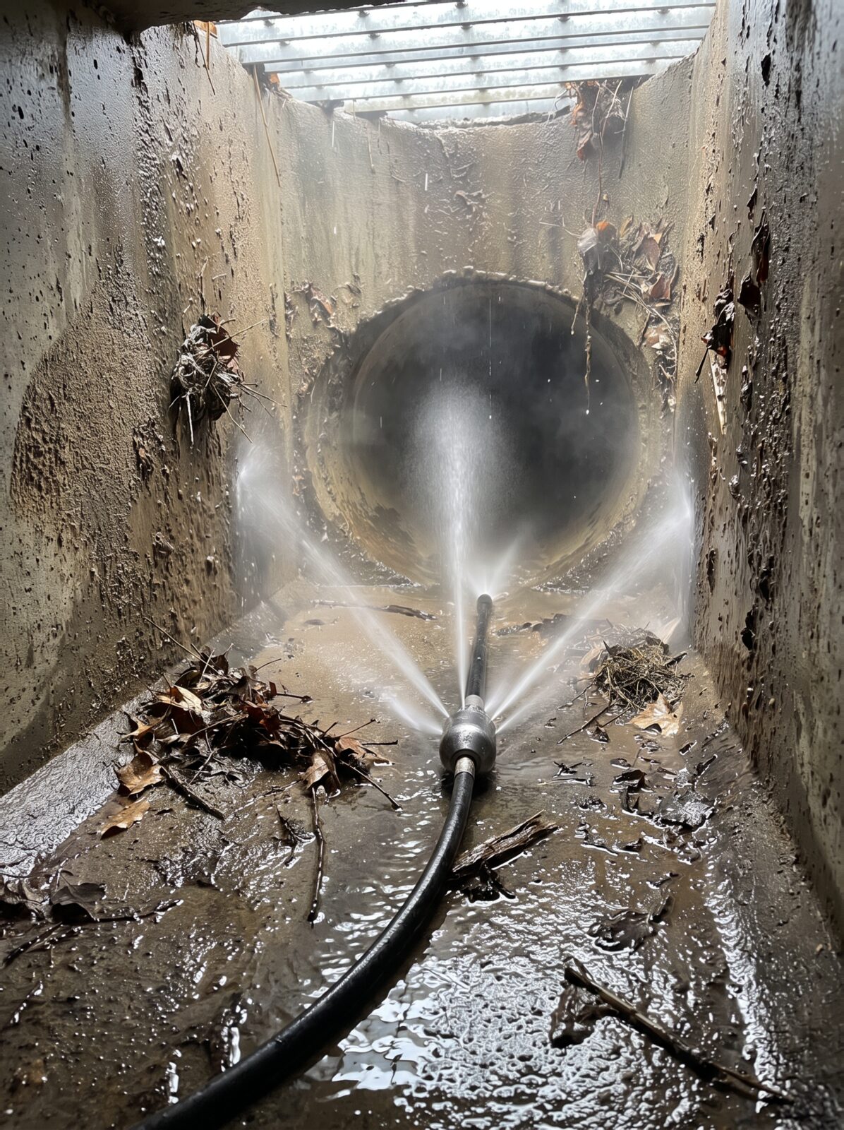 Hydro jetting nozzle scouring the inside of a main sewer line