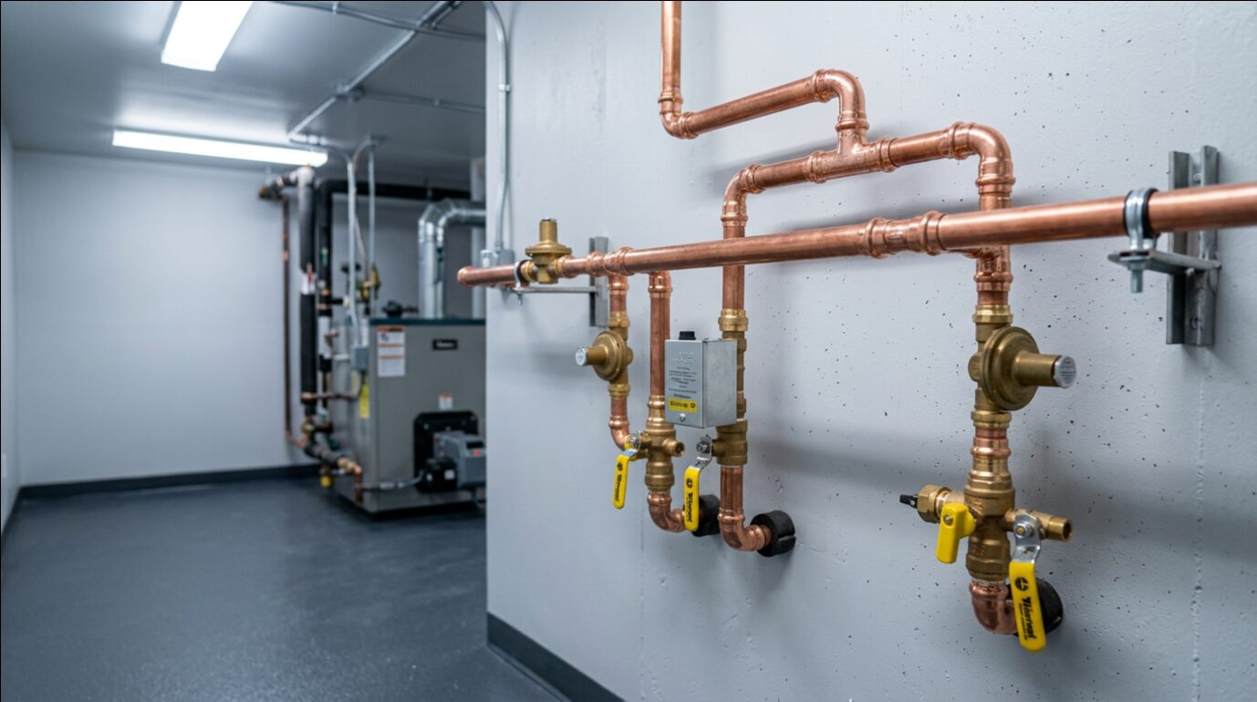New copper water piping and shut-off valves in a clean mechanical room