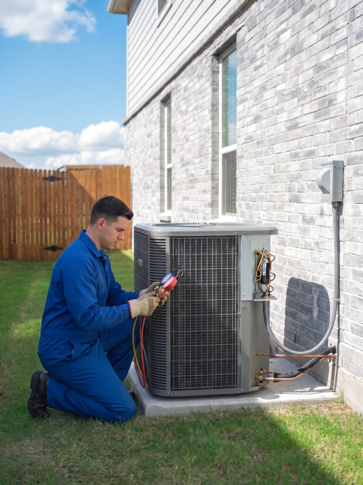 Technician charging a residential central air conditioning condenser with gauges